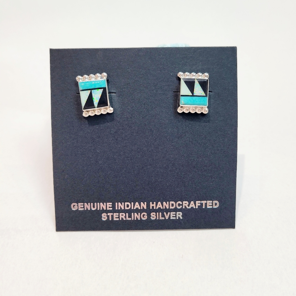 Inlayed Squar Earrings Sterling Silver Native American Handmade